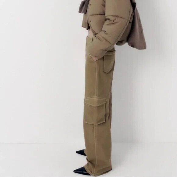 Zara Full Length Cargo Khaki Pants Womens XS Light Khaki Cotton - Picture 3 of 6
